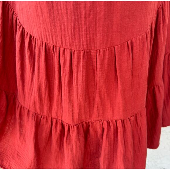 Drew XS Cotton Gauze Midi Shirt Dress Rust Tiered High Low Button Front Boho - Picture 9 of 12